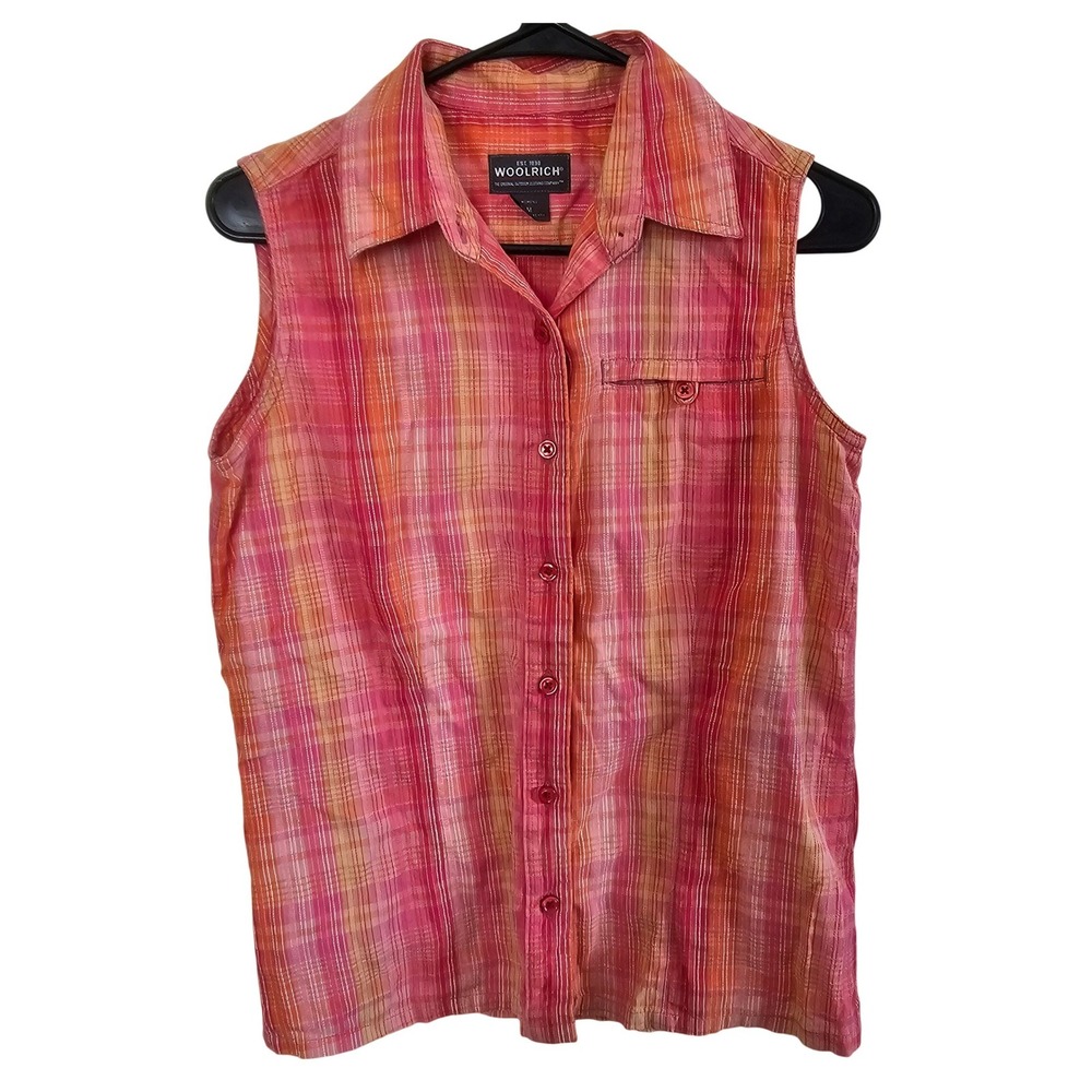 Woolrich Sleeveless Button-Down Plaid Top in Pink and Orange